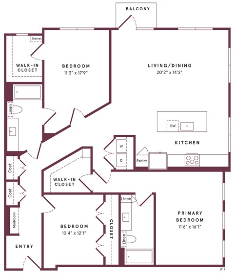 Floor plan for 3 beds, 2 baths, 1593 sqft